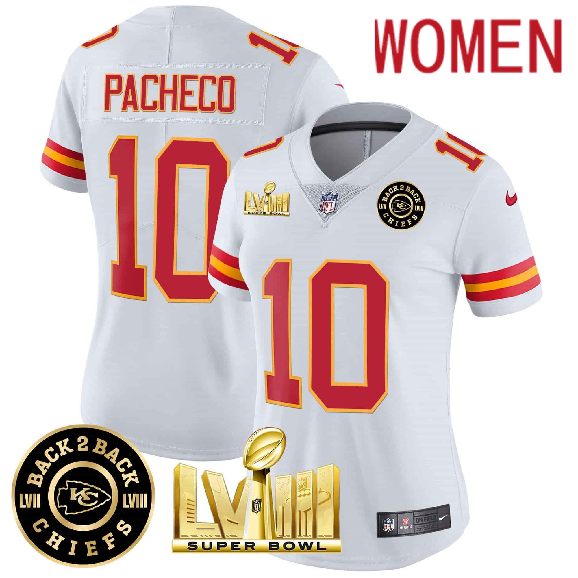 Women Kansas City Chiefs 10 Pacheco White 2024 Nike Super Bowl LVIII & Back 2 Back Patch Vapor NFL Jersey